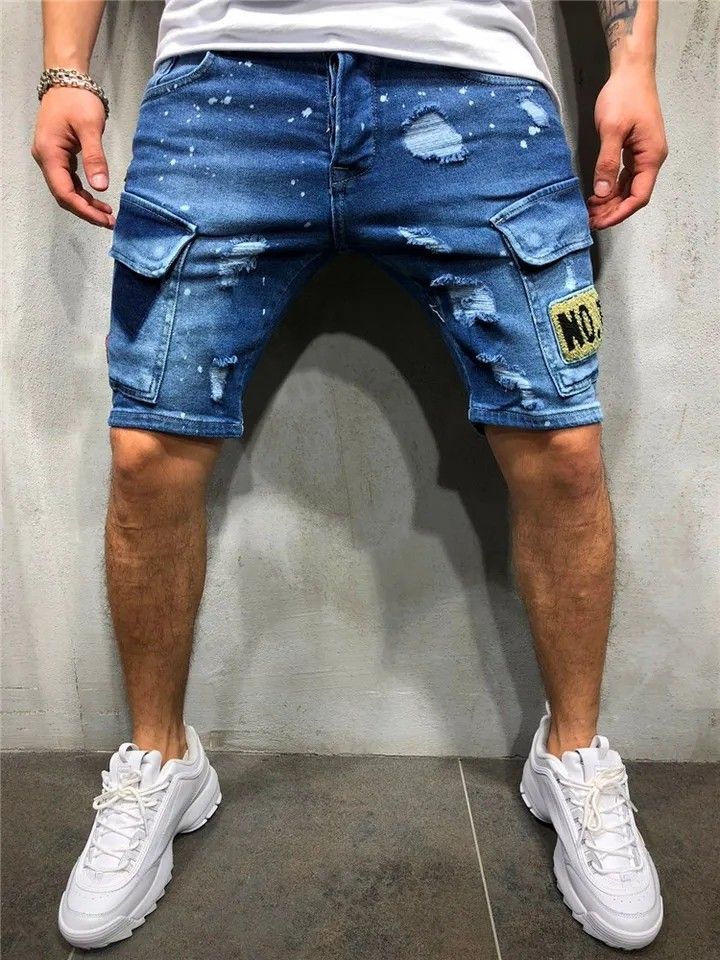 Mens Ripped Short Jeans Streetwear Clothing Side Pocket Vintage Shorts Breathable Slim Denim Shorts Male New