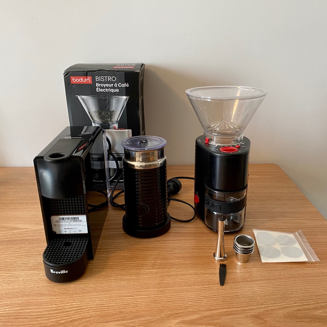 Nespresso Essenza Mini with Aeroccino + Bodium Bistro Electri Grinder