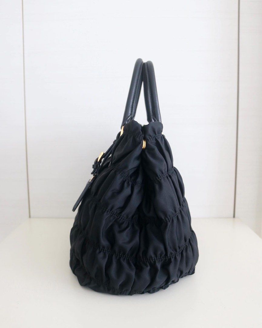 Prada Tessuto Gaufre Ruched Nylon Hobo in Black