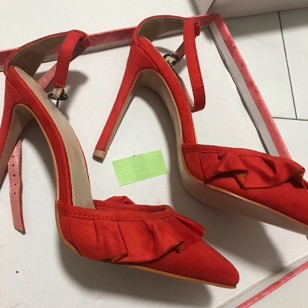 Public desire red orange suede pointed heels with ruffle
