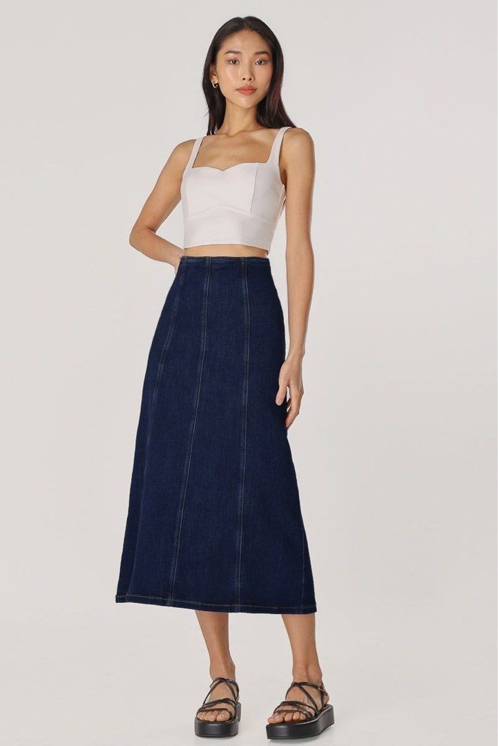 ROTATION RAW HEM DENIM A-LINE MAXI SKIRT - REGULAR (DARK WASHED)