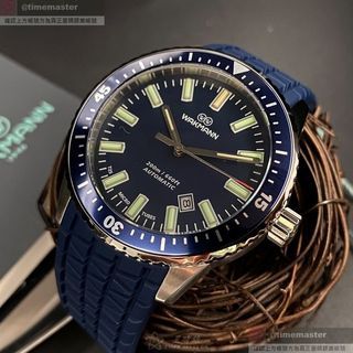WAKMANN手錶,編號WA00030,44mm寶藍圓形精鋼錶殼,寶藍色潛水錶, 中三針顯示, 水鬼錶面,寶藍矽膠錶帶款,全瑞士製氚氣燈錶超高CP值