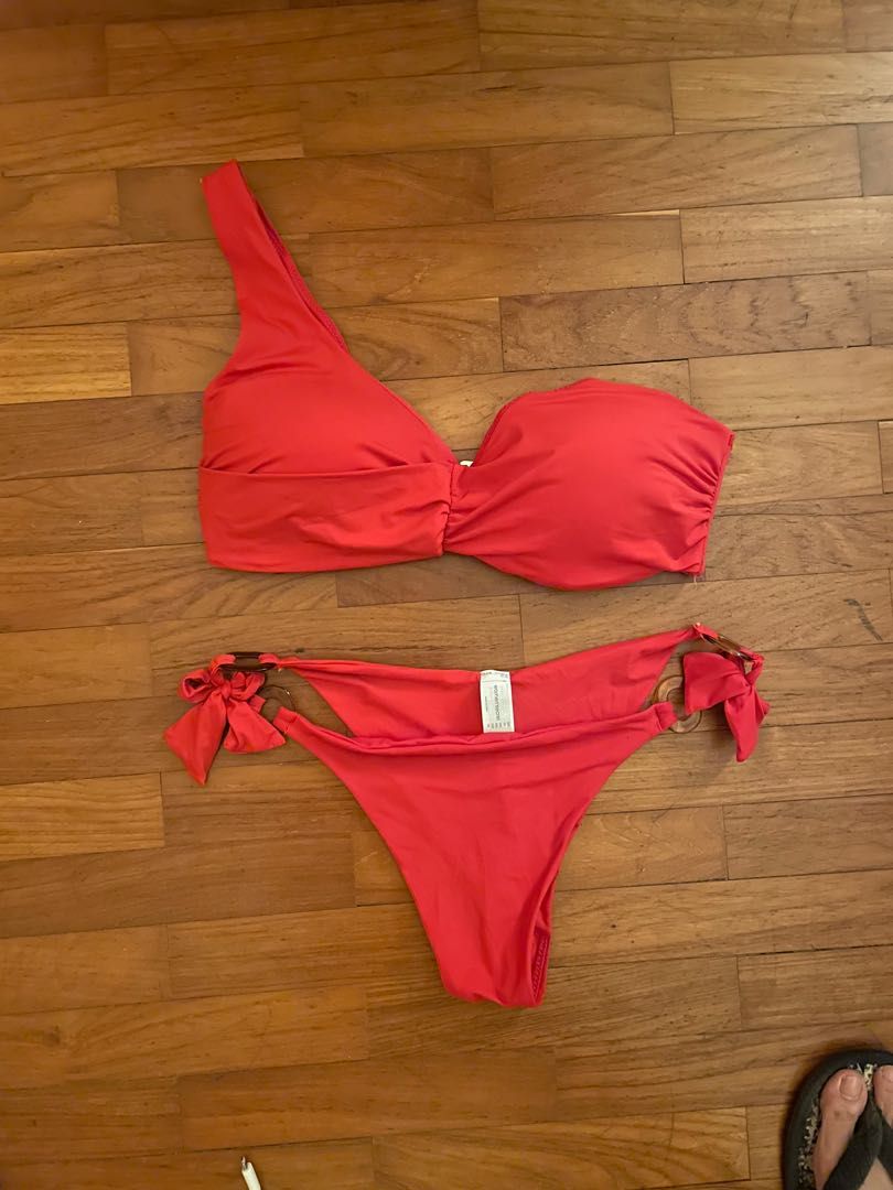 WS red single stripe bikini set Women s Fashion Swimwear