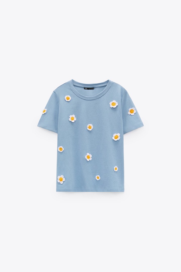 ZARA Embroidered Daisy Tee Shirt, 女裝, 上衣, Tshirt Carousell