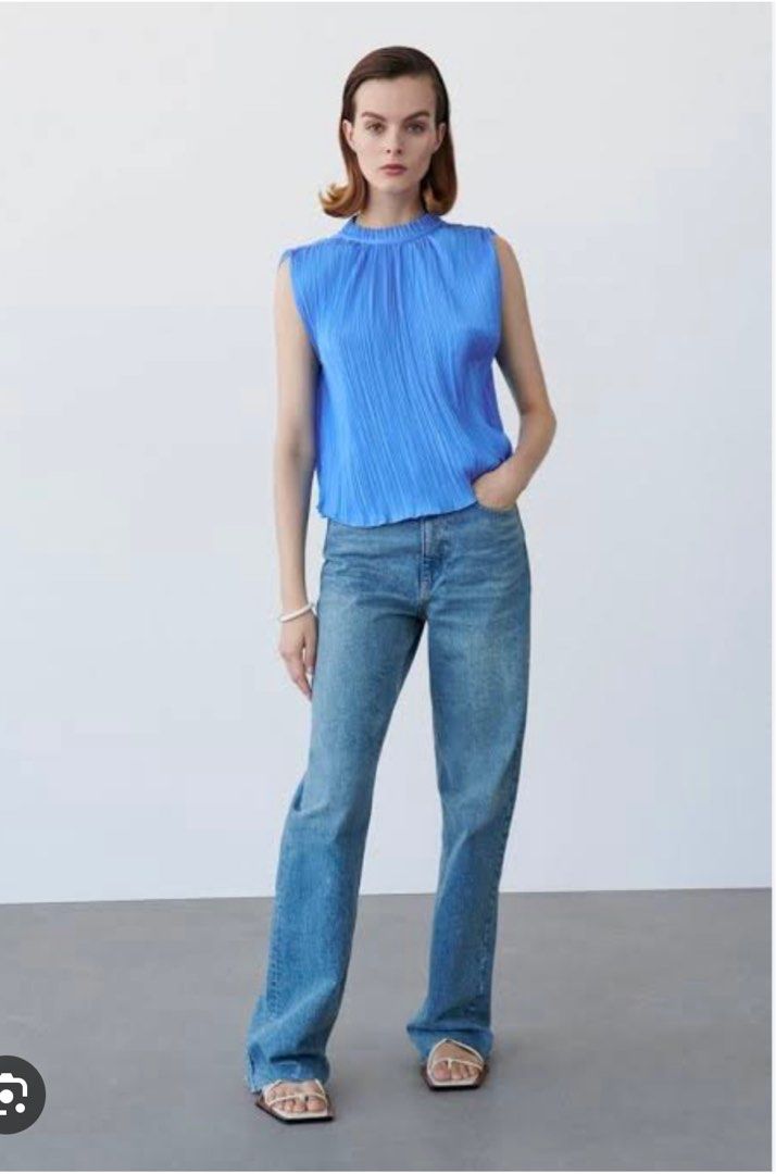 Zara Pleated Blue Top, Women's Fashion, Tops, Blouses on Carousell