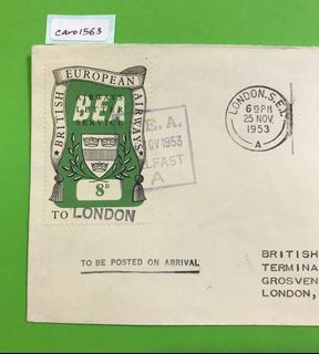 1953 Ireland airmail to London, affixed with BEA Airways Letter Service private label stamp, 1st day of issue postmark 25 Nov 1953