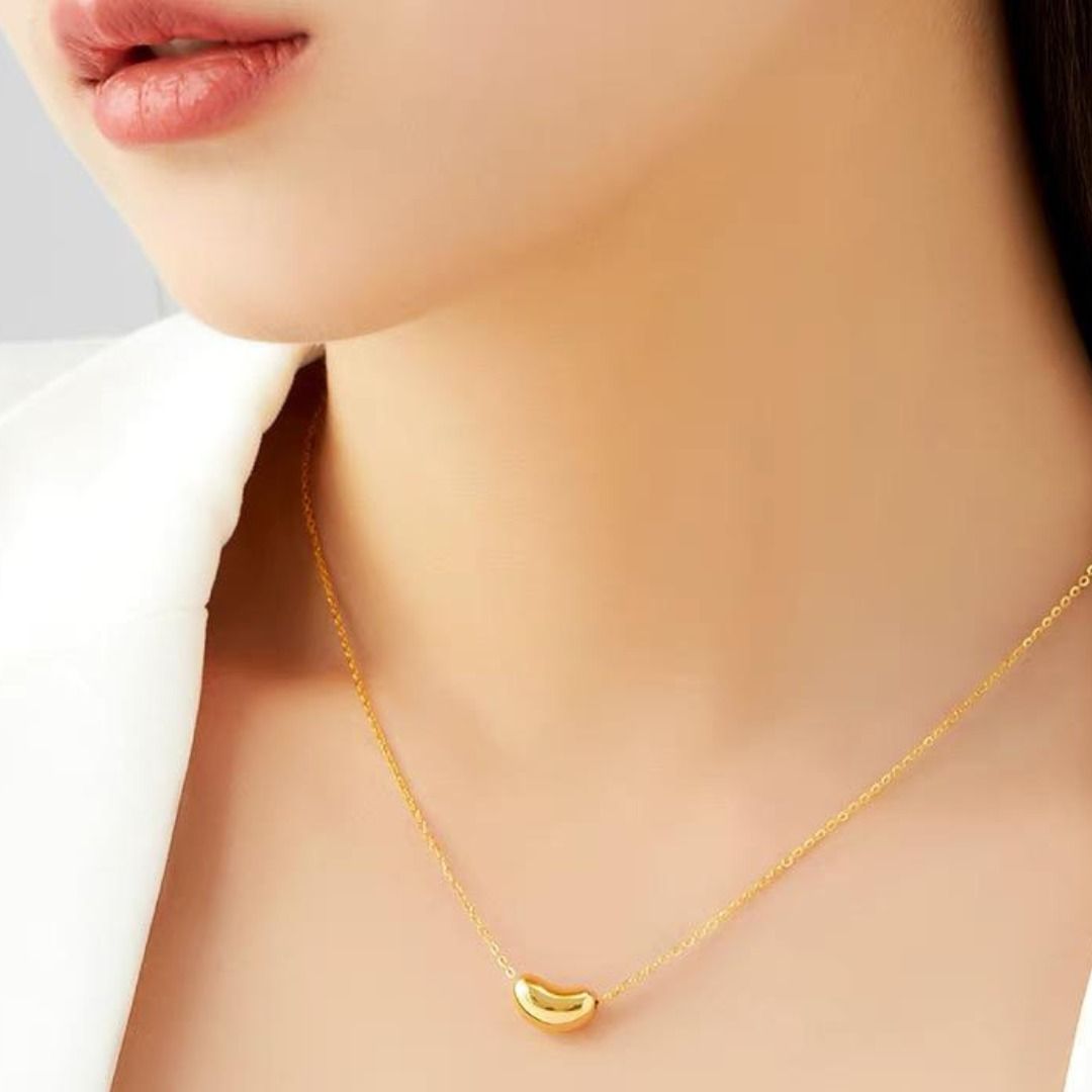 999 Pure Gold Mini Bean Necklace with S925 Silver Chain Women s