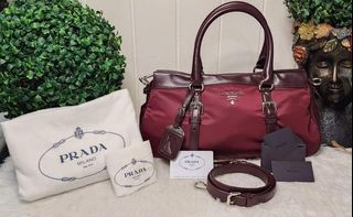 Authentic Prada Bauletto Tessuto / Saffian Dome Nylon Handbag Shoulder Bag  Red