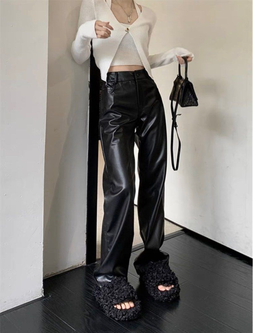 Stradivarius Petite faux leather straight leg pants in black