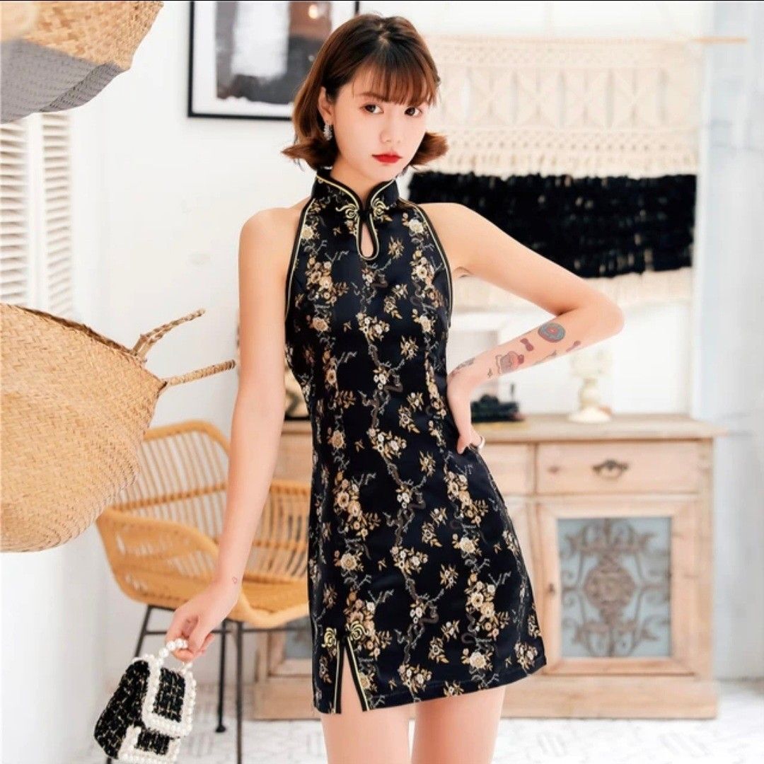 BNWOT Cheongsam Mini Dress Satin Halter neck Sleeveless Qipao Sexy Slim Vintage Classic Chinese Traditional Flower Black Gold Silky