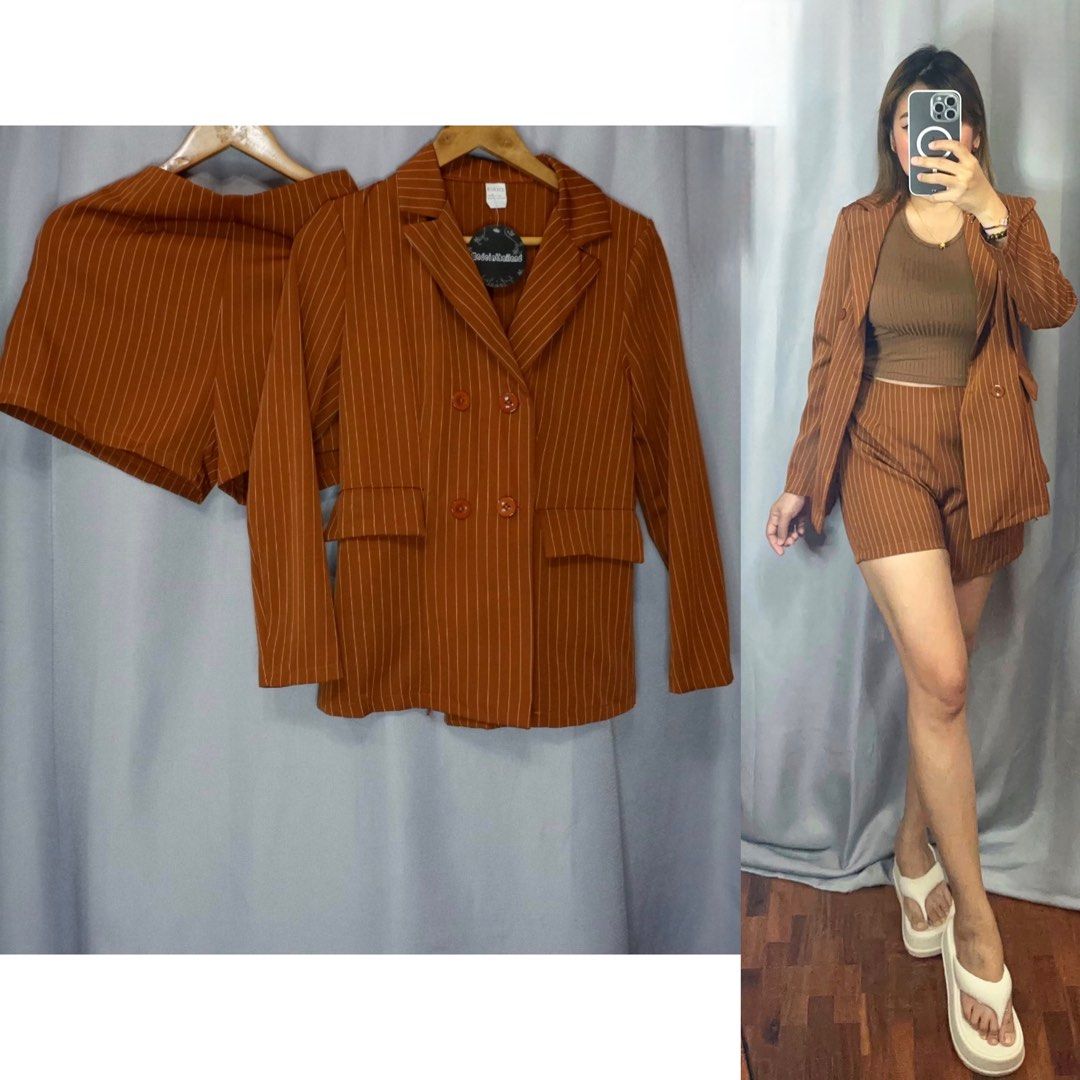 Brandnew Blazer and Shorts Coordinates (rust) (Category: Sets or Coordinates) located in Cainta. Submitted by vestito_bestida (Listing ID 1259137345, Image 1). Description: ⛔️ACTUAL PHOTO POSTED⛔️ 👉 Brandnew 👉 BKK Blazer and Shorts Coordinates 👉 Color: rust 👉 Size: small to semi large 👉 Waist: 24" to 30" 👉 Length: 15" 👉 Blazer's Length: 24.5" 👉 Shorts with zipper on the side 👉 Flatlay measured using medida 👉 Actual photo posted. 👉 No f