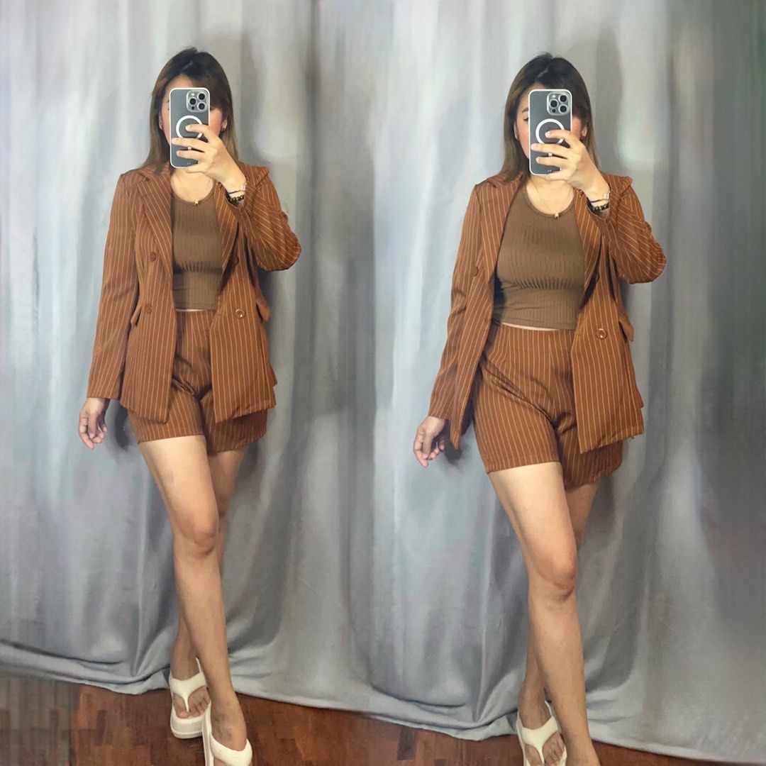 Brandnew Blazer and Shorts Coordinates (rust) (Category: Sets or Coordinates) located in Cainta. Submitted by vestito_bestida (Listing ID 1259137345, Image 2). Description: ⛔️ACTUAL PHOTO POSTED⛔️ 👉 Brandnew 👉 BKK Blazer and Shorts Coordinates 👉 Color: rust 👉 Size: small to semi large 👉 Waist: 24" to 30" 👉 Length: 15" 👉 Blazer's Length: 24.5" 👉 Shorts with zipper on the side 👉 Flatlay measured using medida 👉 Actual photo posted. 👉 No f
