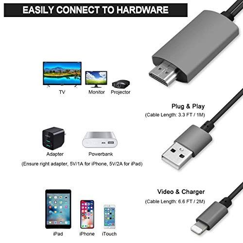 HDMI Cable Compatible with iPhone iPad ,HDMI Adapter Cord for iPhone,1080P  Digital AV Converter for iPhone 11/XR/XS/X/8/7/6 to TV/Projector,Plug and  Play,6 Feet 