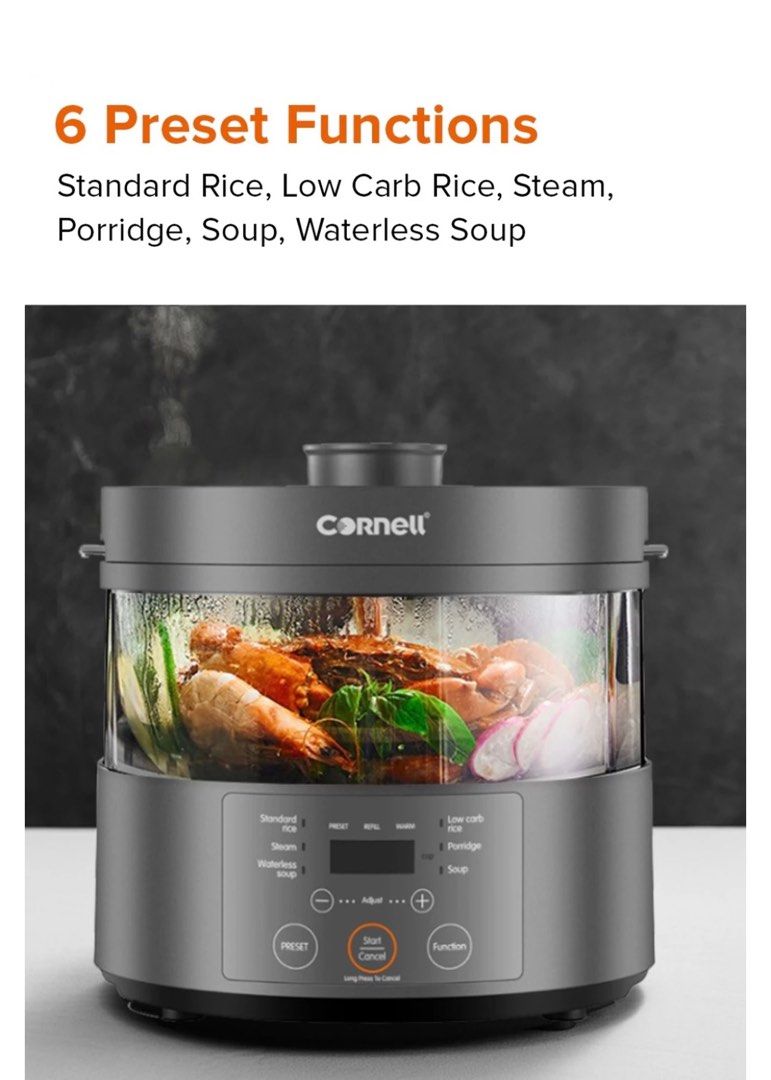 Cornell Steam Multi Cooker, Low Carb Rice Cooker and Waterless Soup
