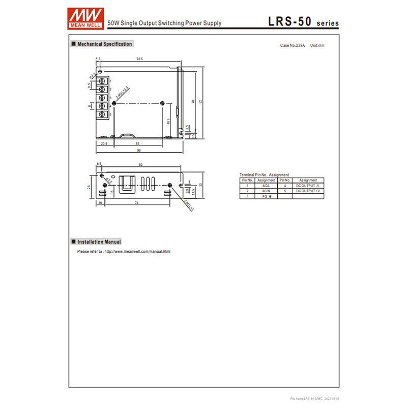 LRS-50-24 MEAN WELL Switching Power Supply 52.8W 24V 2.2A Meanwell63207315415043114