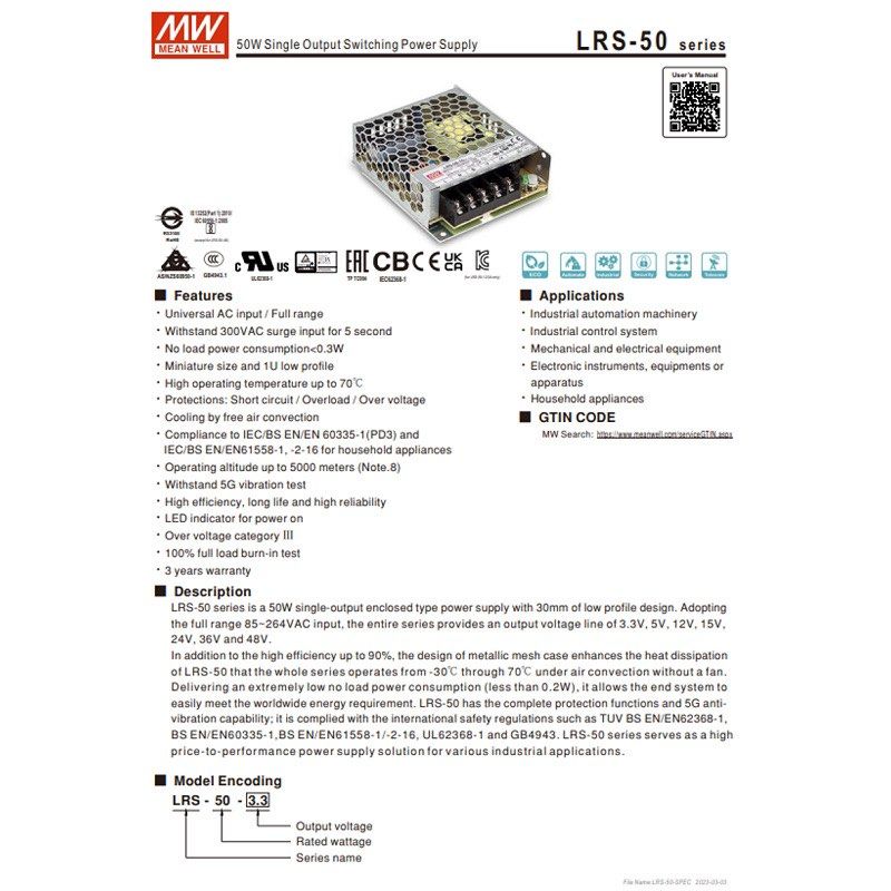 LRS-50-24 MEAN WELL Switching Power Supply 52.8W 24V 2.2A Meanwell63207315415043111