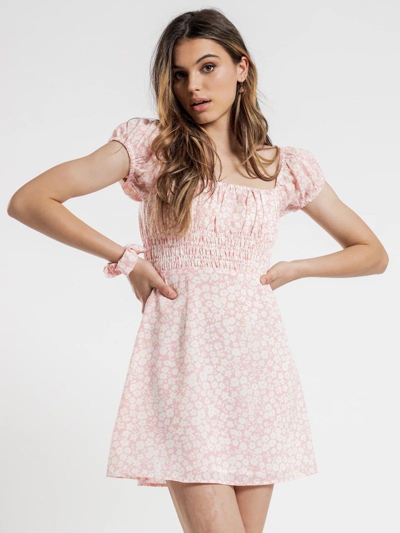 Lulu Rose Floral Pink Mini Dress Puff Sleeves