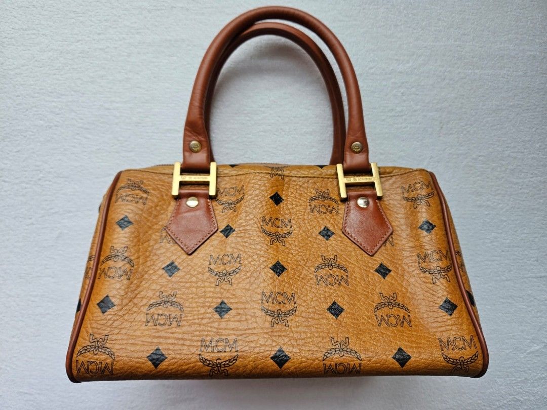 MCM Visetos Classic Boston Bag Handbag in Cognac Leather Luxury