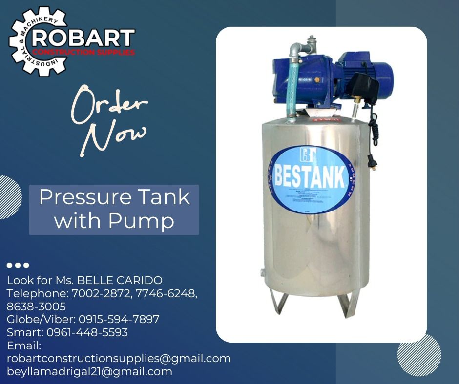 Pressure Tank with Pump (Category: Construction Tools & Equipment) located in Manila. Submitted by bellarobart (Listing ID 1259169692, Image 1). Description: Package Type with Pressure Switch and Pressure Gauge Packaged with Pressure Tank Brand: Montana Model: M-JEP-60 GP-12 HP: 1/2" Tank Volume: 12 Gallons 𝑹𝑶𝑩𝑨𝑹𝑻 𝑪𝑶𝑵𝑺𝑻𝑹𝑼𝑪𝑻𝑰𝑶𝑵 𝑺𝑼𝑷𝑷𝑳𝑰𝑬𝑺 #RobartConstructionSupplies #robartph #constructionmaterials #industrialsupply Office 