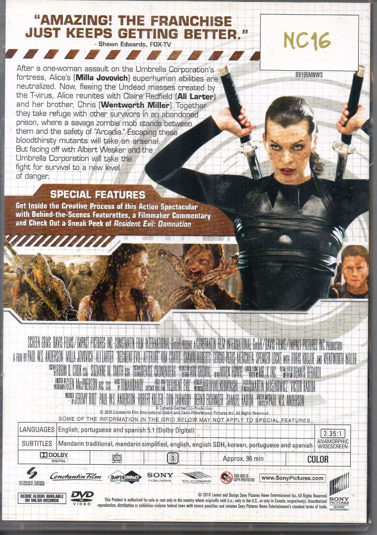 Resident Evil: Afterlife ***original dvd*** (Category: CDs & DVDs) located in Pasig City. Submitted by armcjay (Listing ID 1259098860, Image 3). Description: This is a pre-owned, authentic item, from my own DVD collection. The disk may contain minor scratches, marks or dirt, and is playable with commercial DVD players and computers. I don't sell defective item here. No return / no exchange..