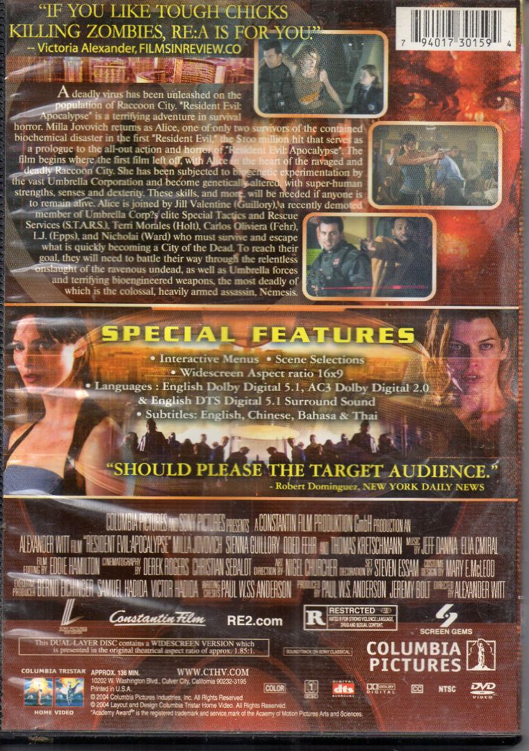 Resident Evil: Apocalypse ***original dvd*** (Category: CDs & DVDs) located in Pasig City. Submitted by armcjay (Listing ID 1259099361, Image 3). Description: This is a pre-owned, authentic item, from my own DVD collection. The disk may contain minor scratches, marks or dirt, and is playable with Region Code 1 or Multi-Region DVD players and computers. I don't sell defective item here. No return / no exchange..