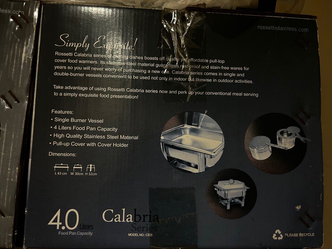 Rossetti chafing dish (Category: Other Kitchenware & Tableware) located in Taguig. Submitted by 01926 (Listing ID 1259162987, Image 3). Description: No box. 2 pcs With box 2pcs .
