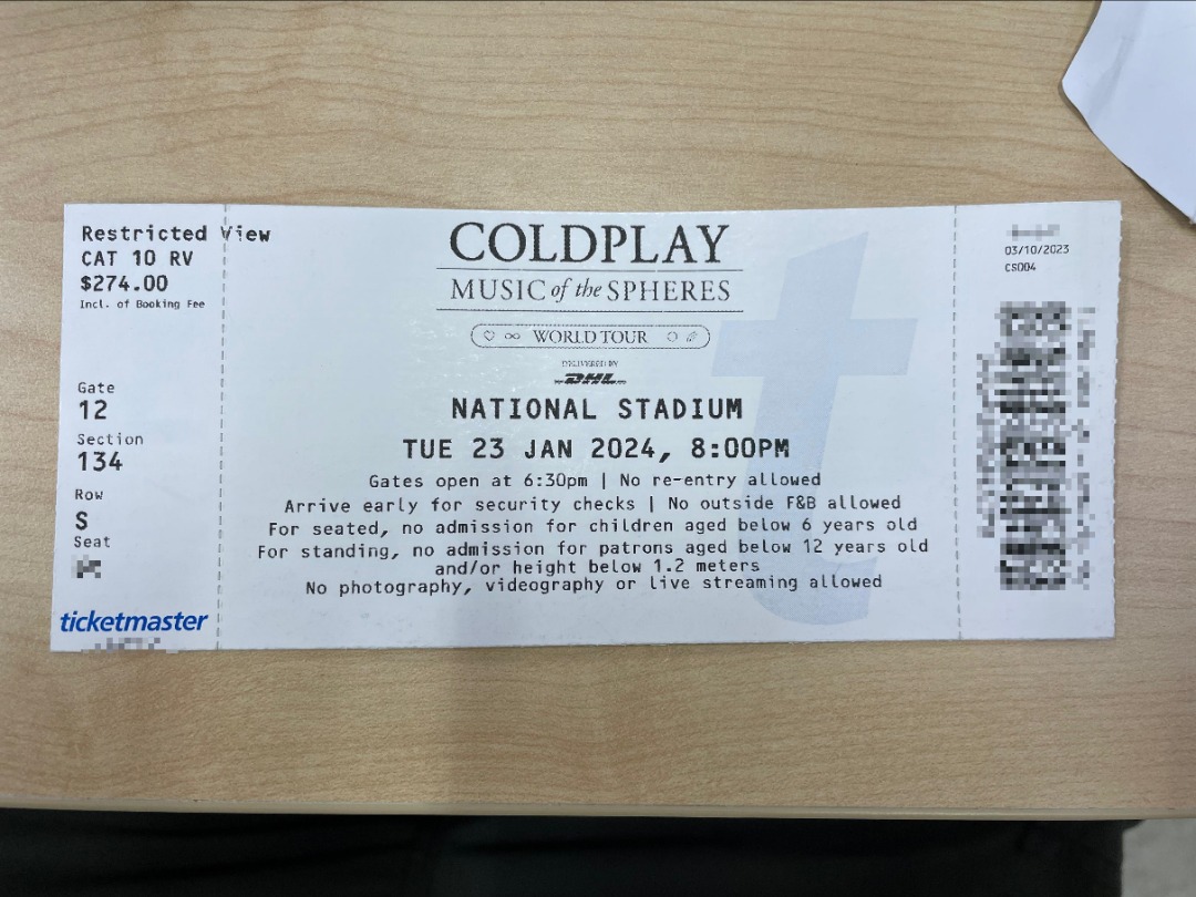 Selling one Coldplay Cat 10 Ticket 23 Jan 2024 National Stadium