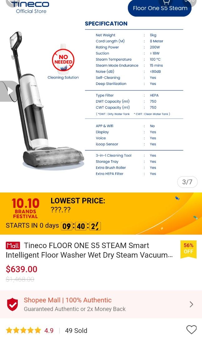 Tineco FLOOR ONE S5 STEAM Smart Intelligent Floor Washer Wet Dry Steam  Vacuum Cleaner Mop Wash Sanitize Function for $575 only on 10oct today  during 10.10 Shopee Sale via this link: shope.ee/9pCkdm4vm1