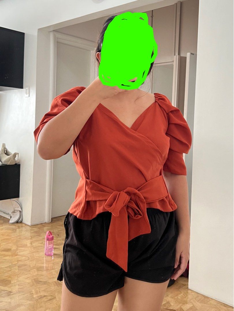 Top Blouse Puff Sleeves Free size (Category: Blouses) located in Quezon City. Submitted by wantstodeclutter (Listing ID 1259099123, Image 1). Description: Bought from Shopee (see last photo) Used once only Free size I usually wear large Ribbon can be worn at the back or in front.