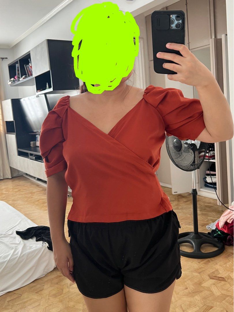 Top Blouse Puff Sleeves Free size (Category: Blouses) located in Quezon City. Submitted by wantstodeclutter (Listing ID 1259099123, Image 2). Description: Bought from Shopee (see last photo) Used once only Free size I usually wear large Ribbon can be worn at the back or in front.
