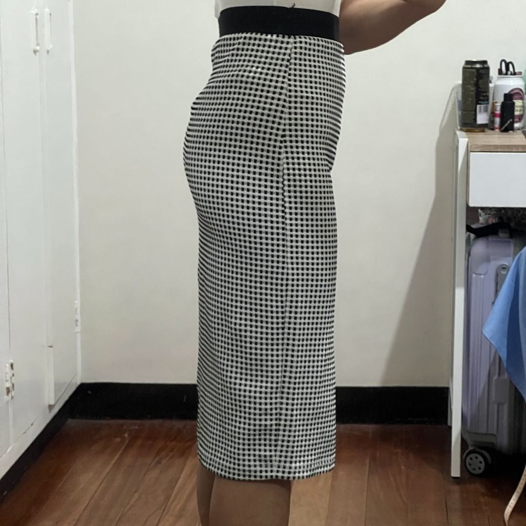 Topshop Monochrome Black White Gingham Tube Office Midi Pencil