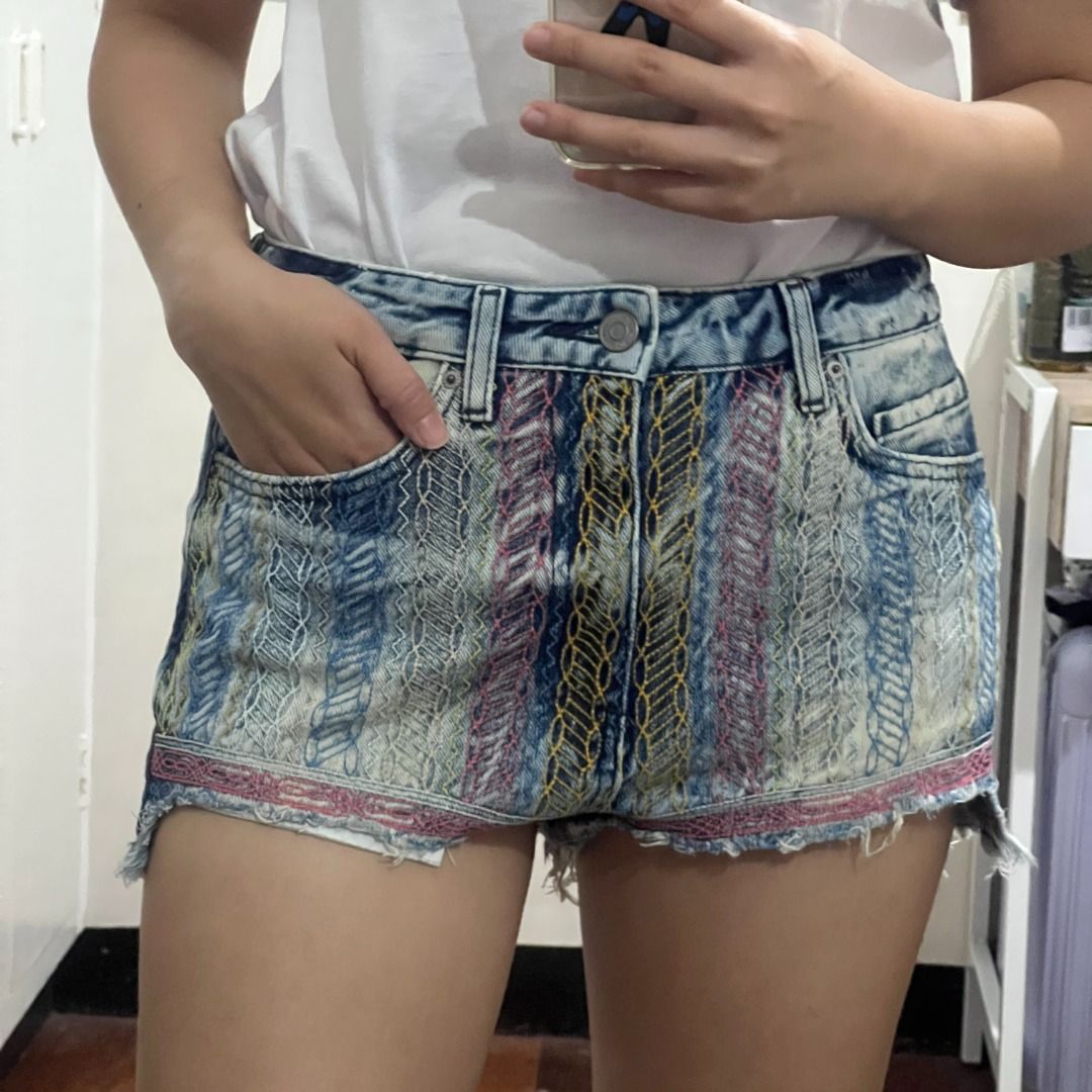 Topshop MOTO Aztec Boho Hipster Fringe Denim Shorts Size US 6
