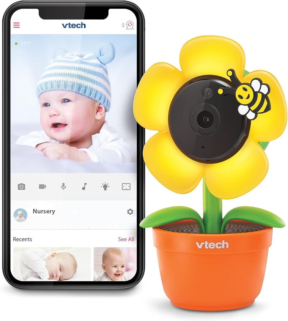 VTech RM9751 Yellow Daisy Smart Wi-Fi Baby Camera, iOS and Android Enabled,  1080p Full HD, Privacy Mode Cover, Night Light, Soothing Sounds and  Lullabies, Temperature Sensor, Night Vision, Babies & Kids, Baby