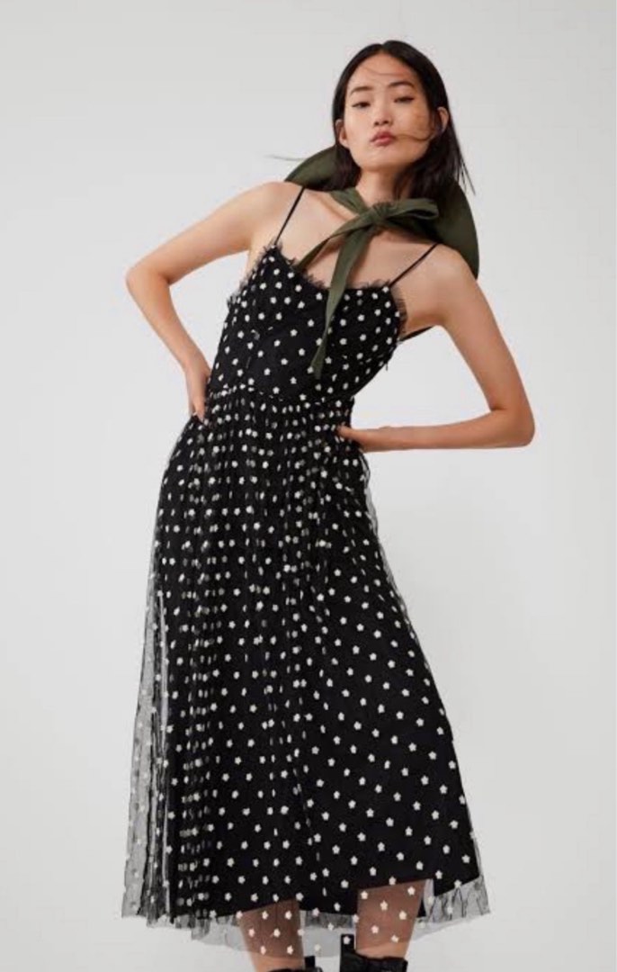 Zara embroidered bustier midi black dress, Women's Fashion, Dresses