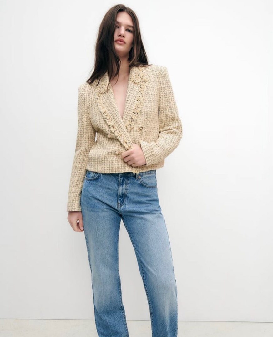 Blazer Femme Zara Avec Doublure Rayée - Taille L - Beige - Occasion Très Bon état