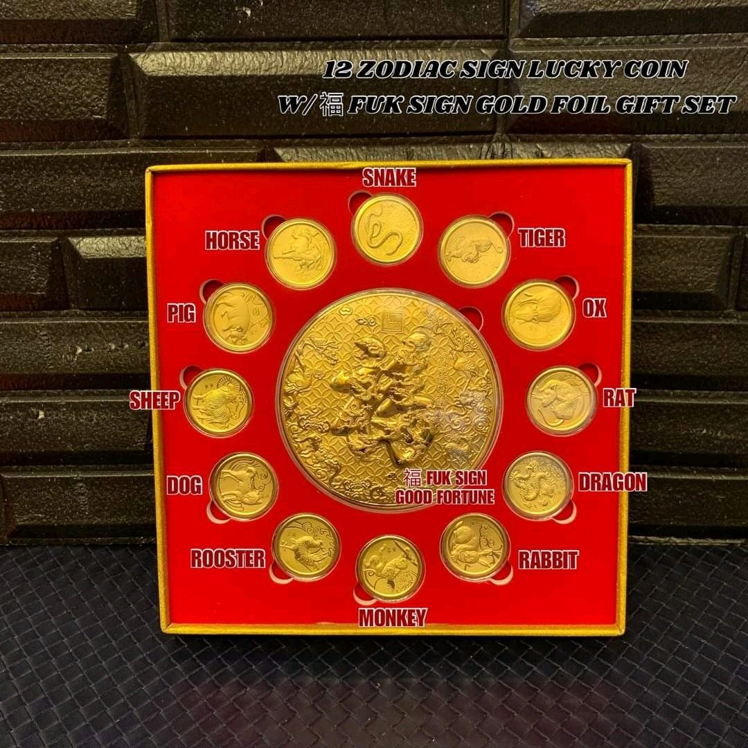 12 zodiac sign lucky coin with fuk sign in gold foil gift set ...
