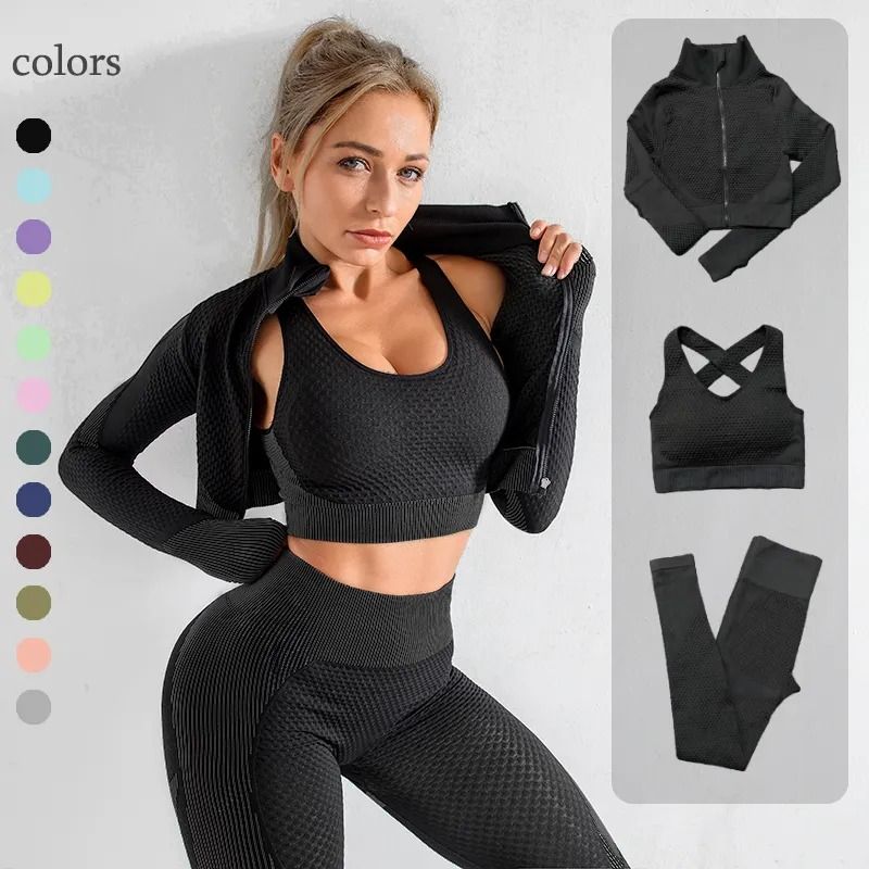 Yoga Set Sport Suit Long Sleeve Crop Top High Waist Leggings Seamless Gym  Tracksuit Fitness Workout Clothes Women Sportswear