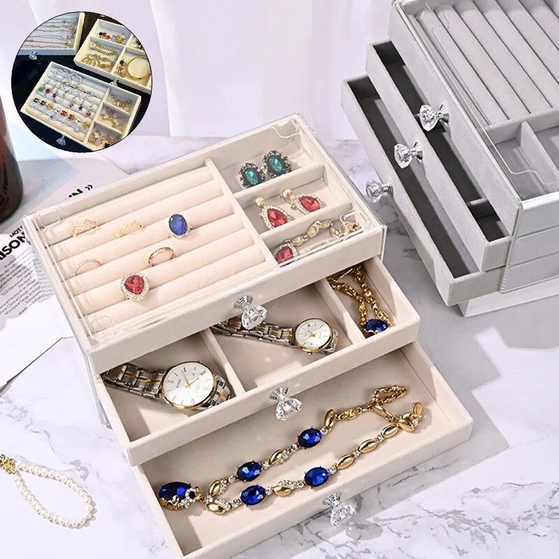 New diamond pattern three-layer drawer jewelry box with lock, high