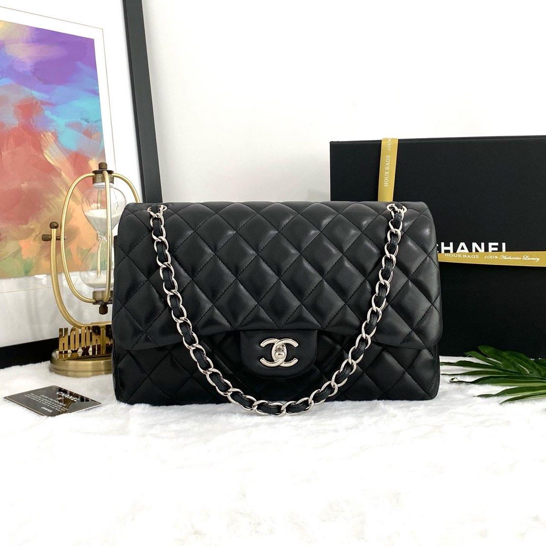 💯% Authentic Chanel Black Lambskin Double Flap Jumbo In SHW, Luxury, Bags  & Wallets on Carousell