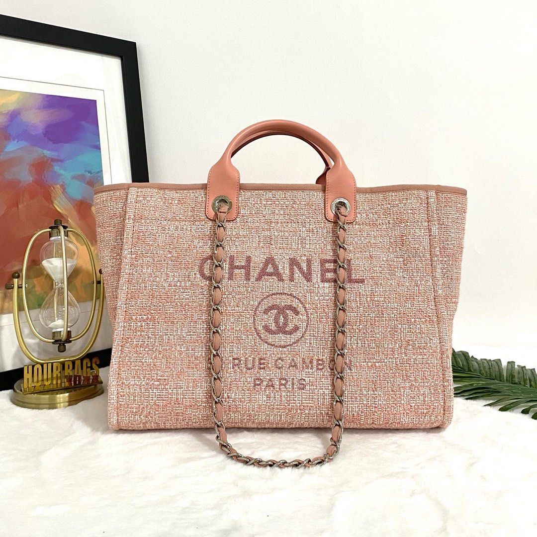 💯% Authentic Chanel Pink Color Canvas Large Deauville Tote Bag with SHW