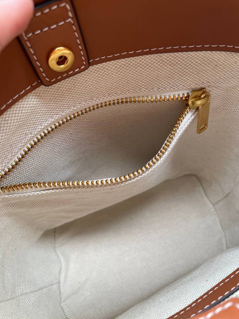 SMALL BUCKET CUIR TRIOMPHE IN STRIPED TEXTILE AND CALFSKIN - BEIGE