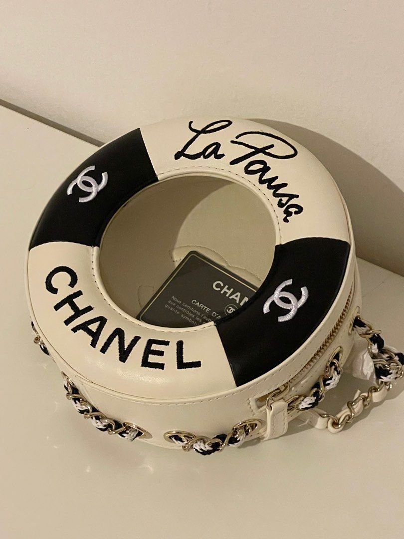 Chanel coco lifesaver lifebuoy round bag black and white