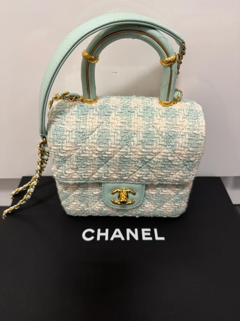 Chanel Mini Square Flap with Top Handle Turquoise and Ecru Tweed Antique  Gold Hardware