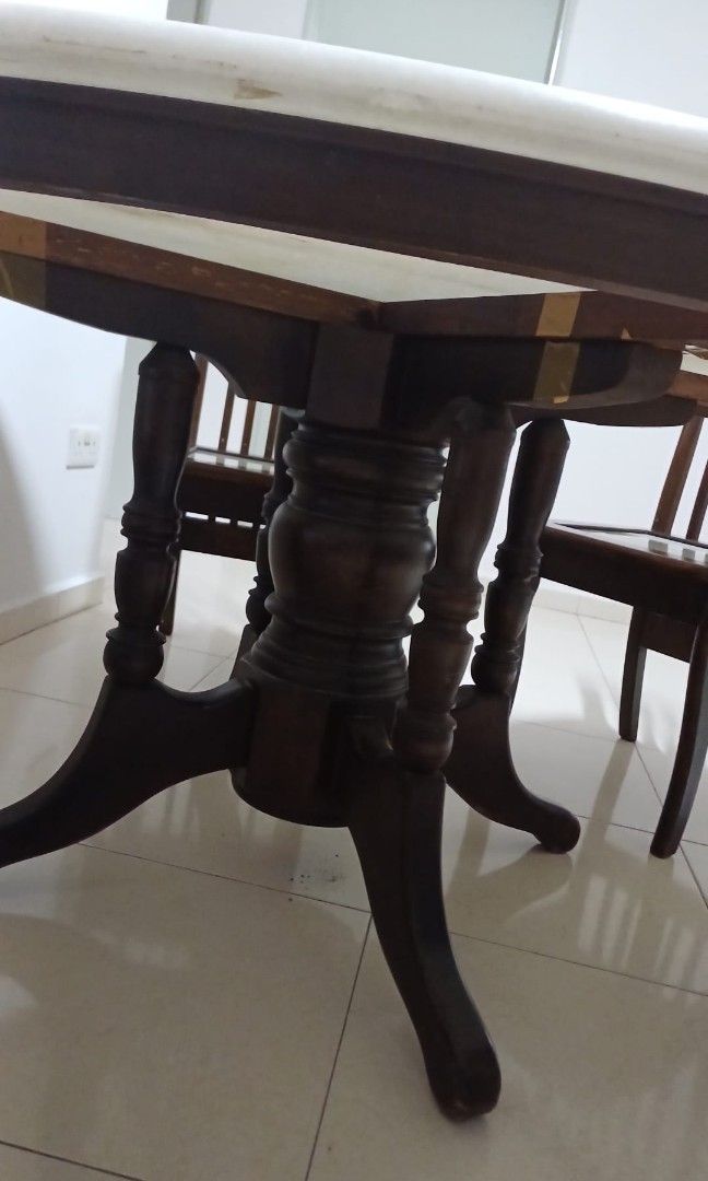 Dining Table Set (Category: Tables & Sets) located in Singapore. Submitted by rmemo (Listing ID 1263359644, Image 3). Description: Mable top dinning table set with 5 chairs Table dimension Diameter 150cm Height 75cm Self collection.