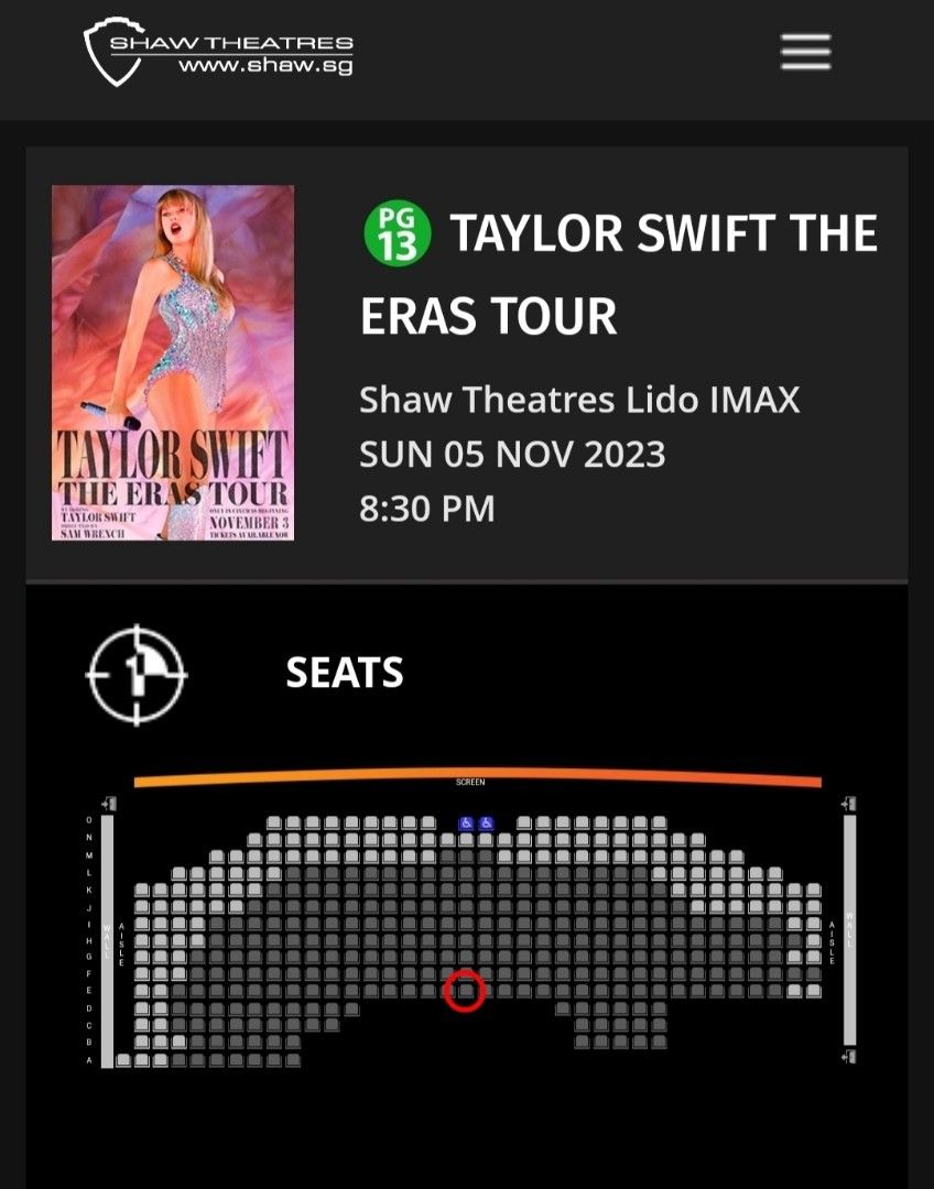 Taylor Swift Eras Tour Movie ticket (IMAX) Shaw Theatres Lido