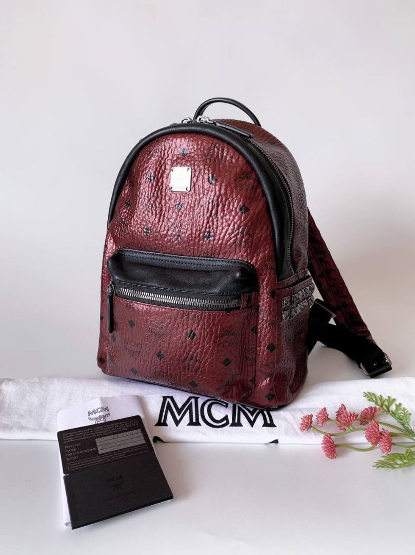 Excellent MCM Medium Stark Backpack Bordeaux Red (incl db, authentic  card,care card booklet receipt) sz 26x33x12-16 cm qb