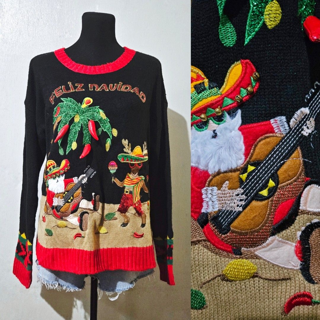 Feliz Navidad ugly Christmas sweater black red tropical knit Xmas