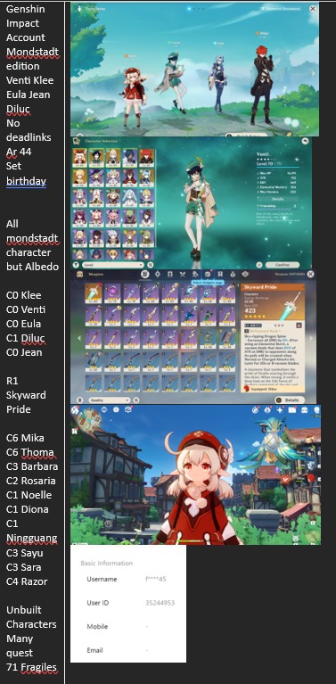 Compte Genshin Impact EUW AR 44 - Eula, Zhongli C1, Diluc - PC/Android
