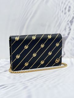 Authentic GUCCI Double GG Diagonal Stripe Mini Wallet on Chain WOC Gold  Leather