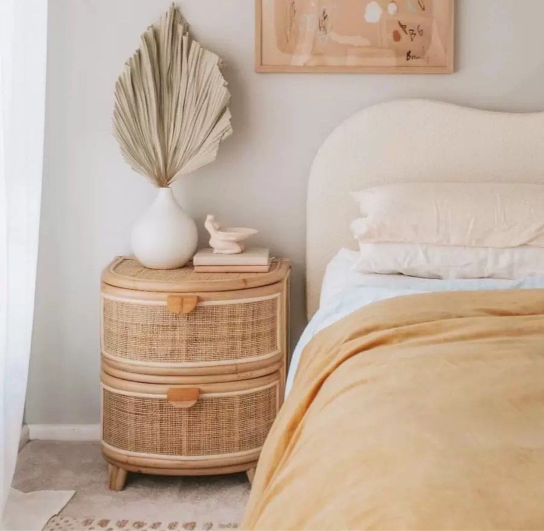 HOSZIE Japandi Rattan Bedside Table, Furniture & Home Living, Furniture